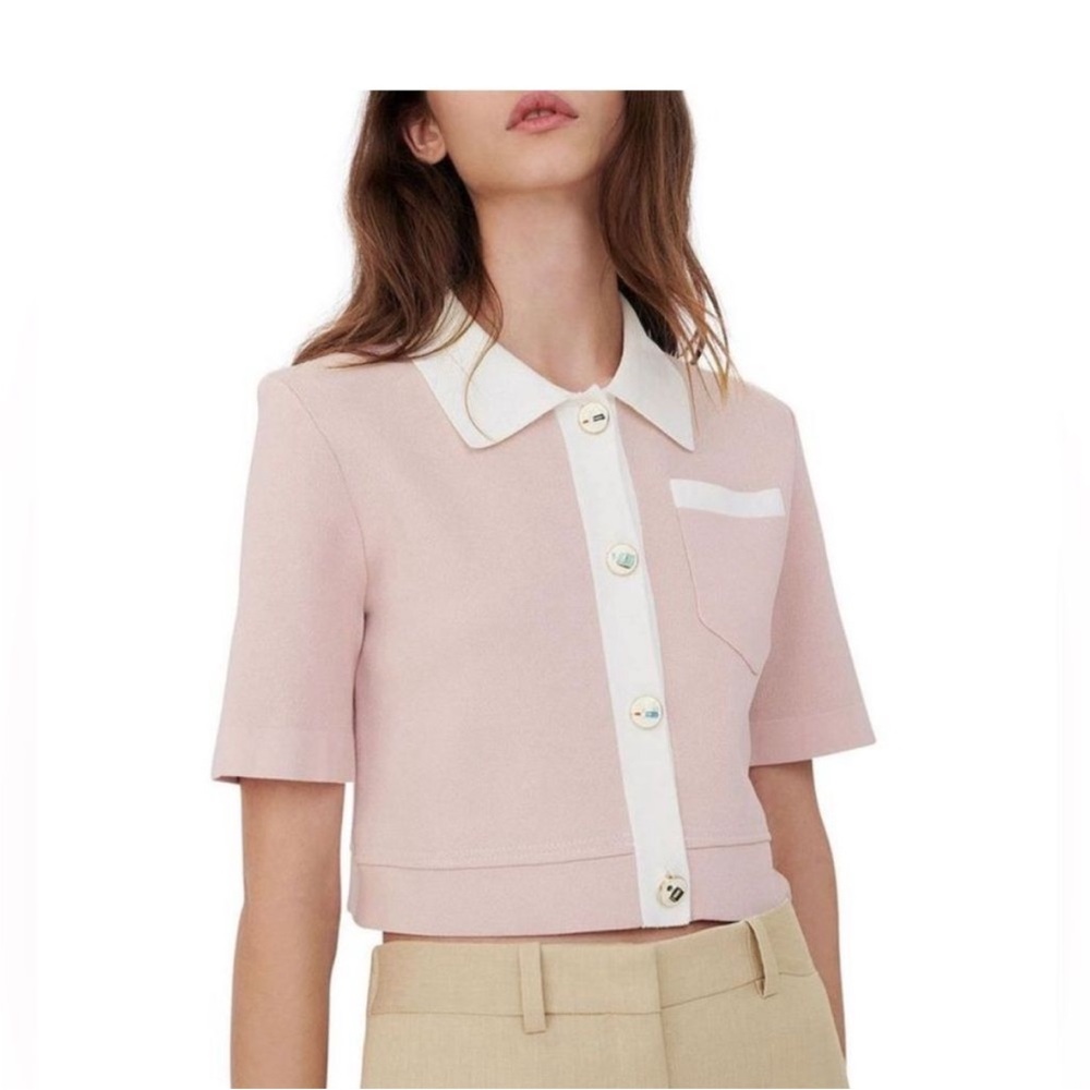 Maje Myshirt Cropped Cardigan Pink and White Polo